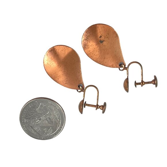 Vintage Copper and Green Enamel Dangle Screw Back Earrings - Picture 6 of 9